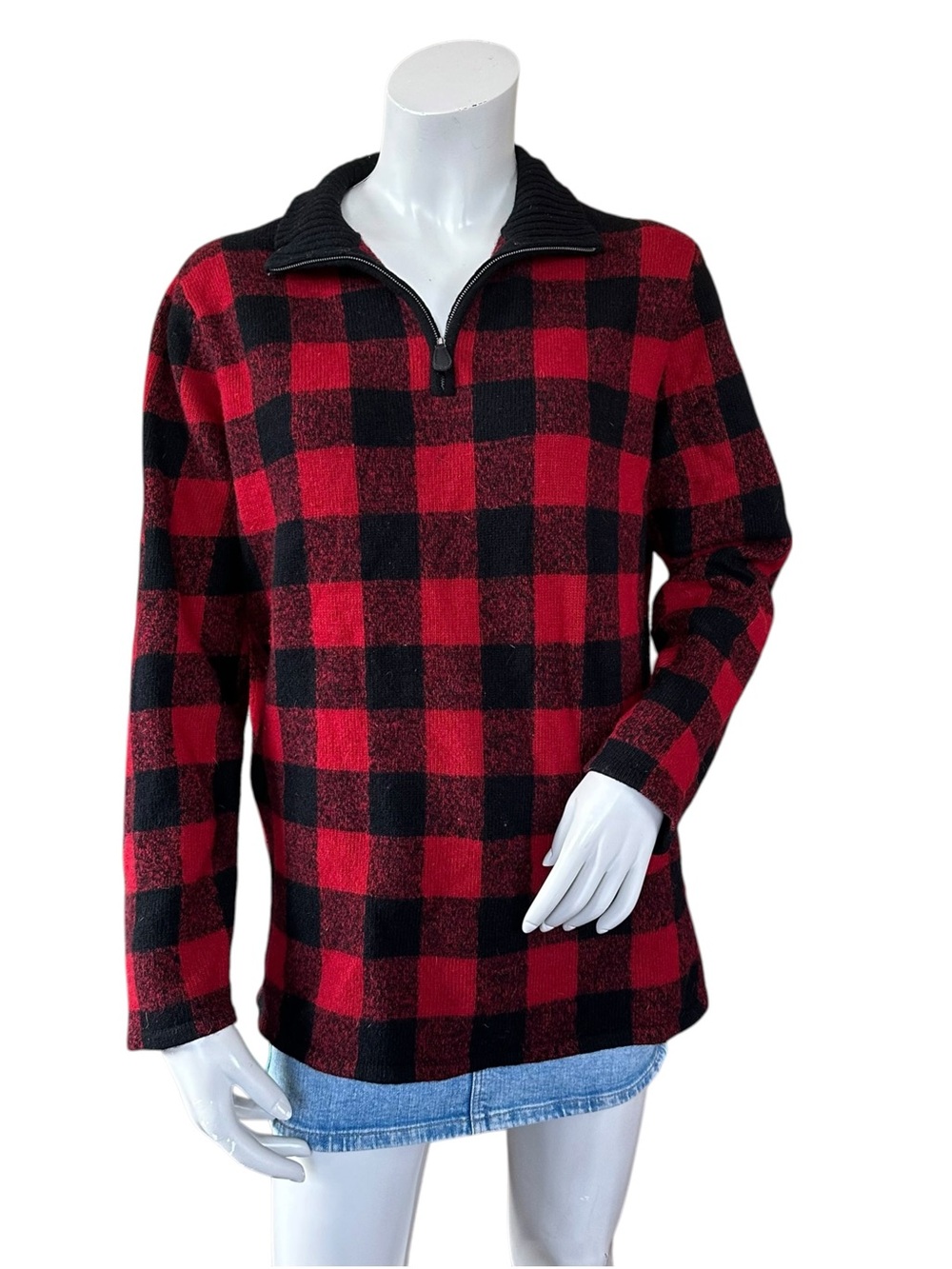 Lauren Ralph Lauren 100% Wool Black and Red Buffalo Check 1/4 Zip Sweater Medium